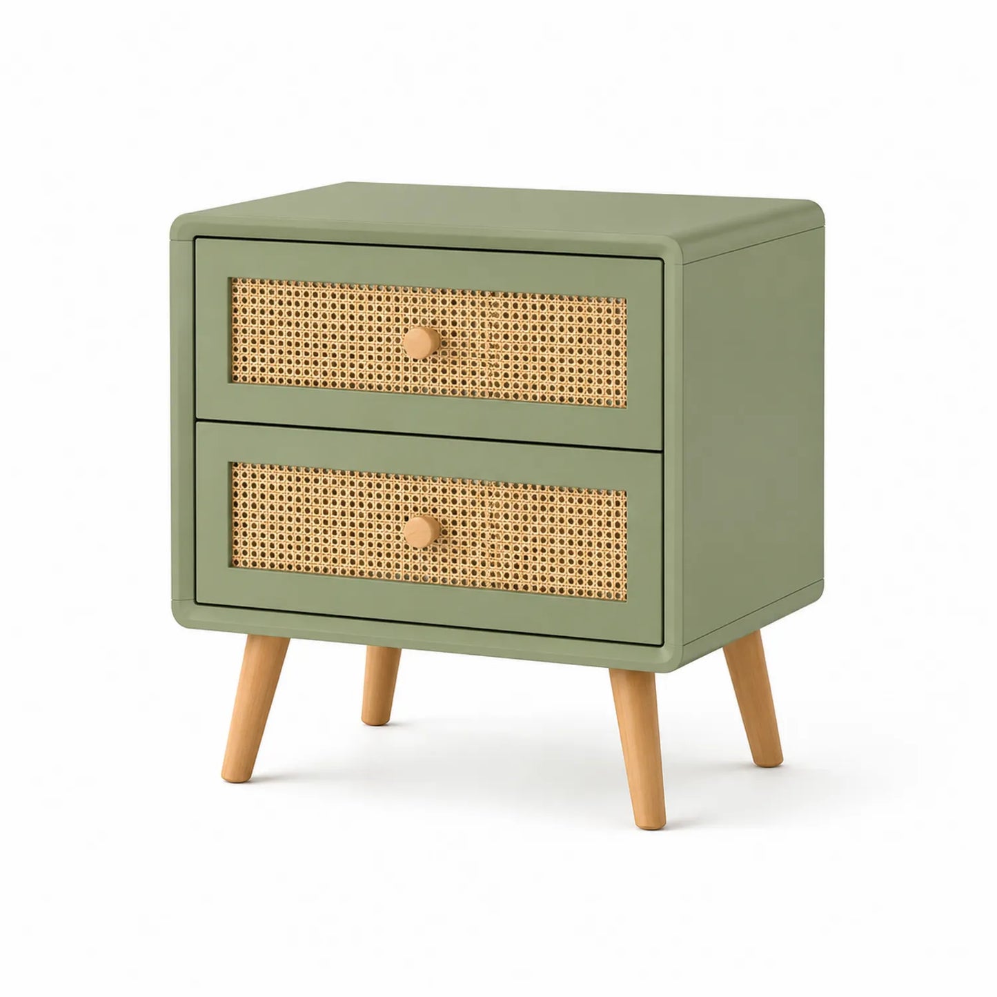 Grüner Nachttisch aus Holz mit Rattan-Schubladen