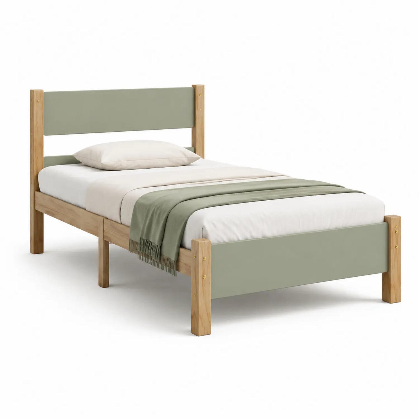 Einzelbett aus Kiefernholz mit MDF-Lackierung 200x90cm Natur/Grün
