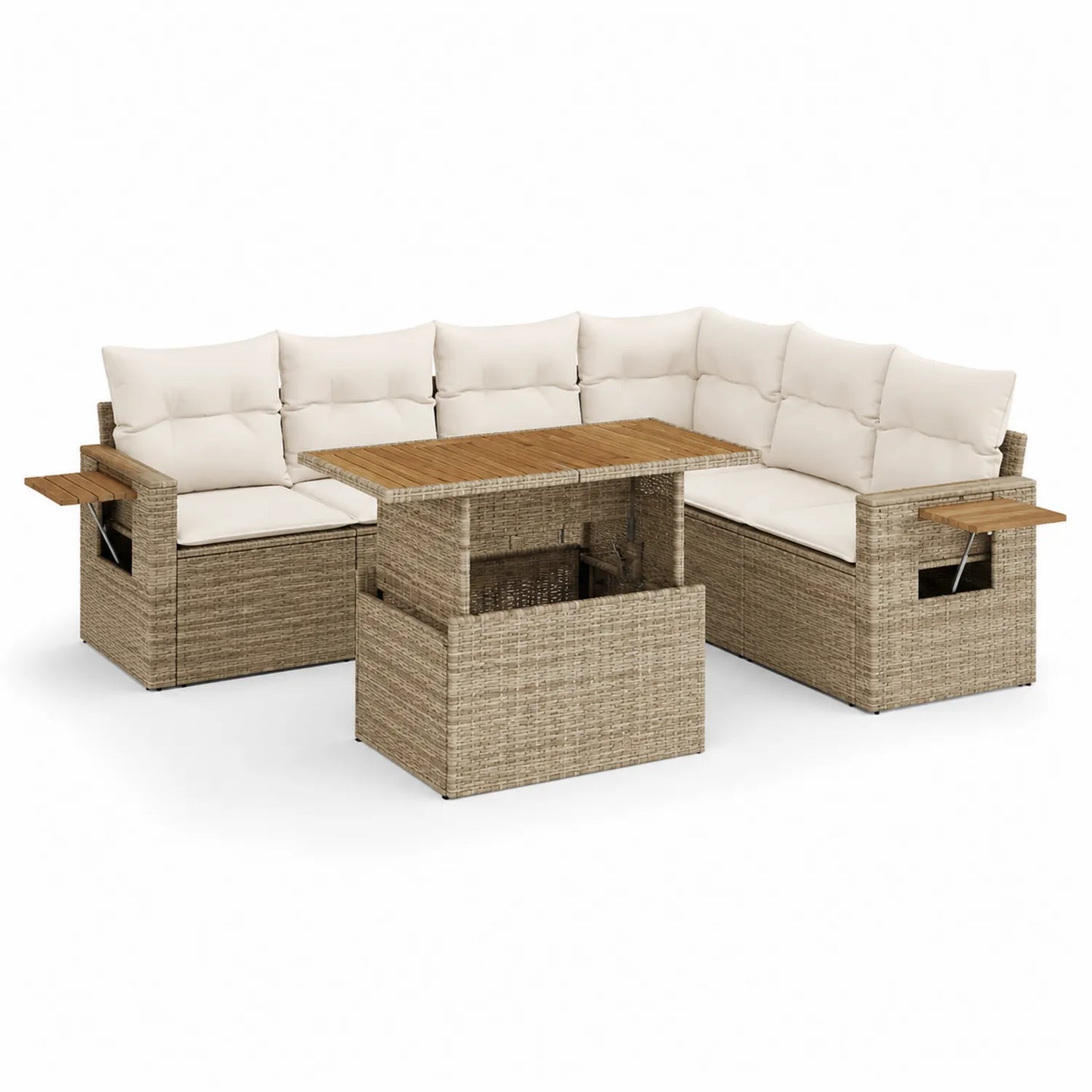 Rattan Ecksofa mit Teakholz Tisch und beigen Kissen