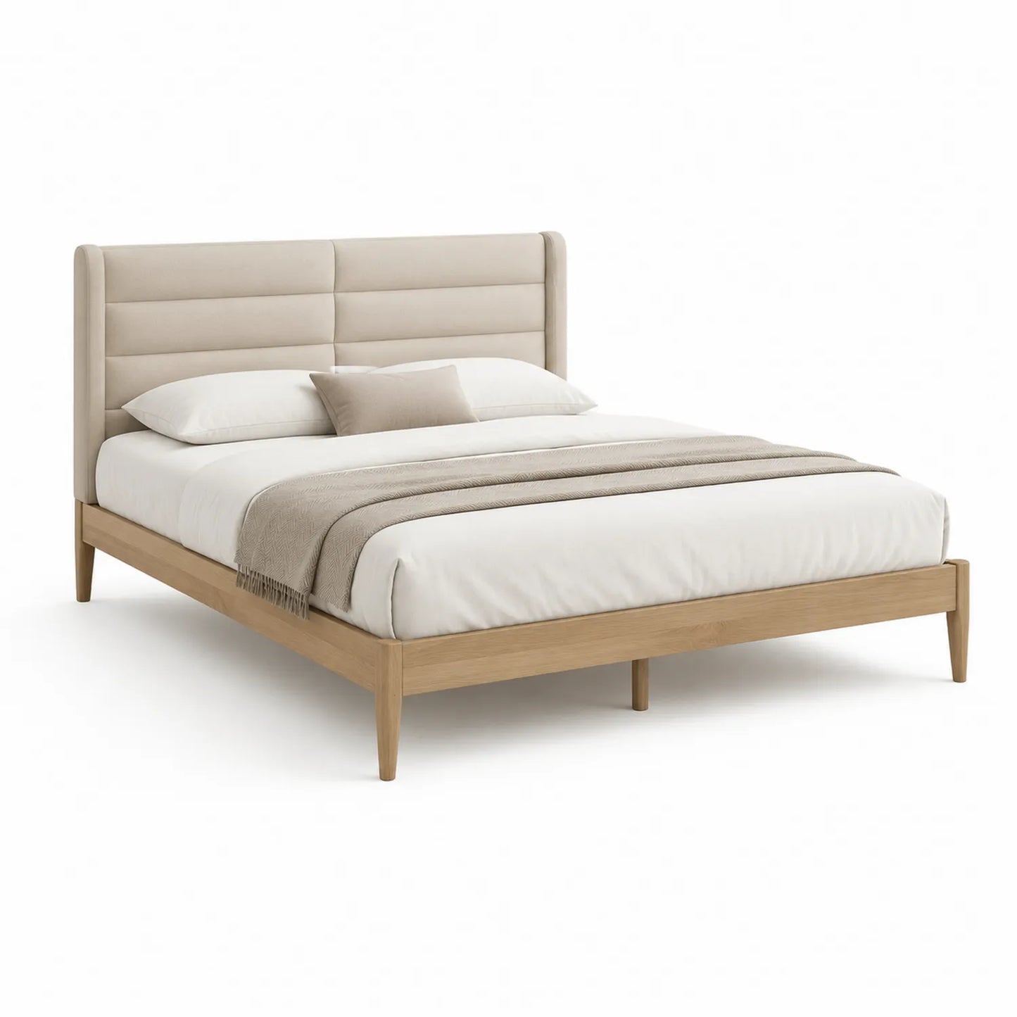 Eichenholz Doppelbett mit gepolstertem Kopfteil 160x200cm Beige