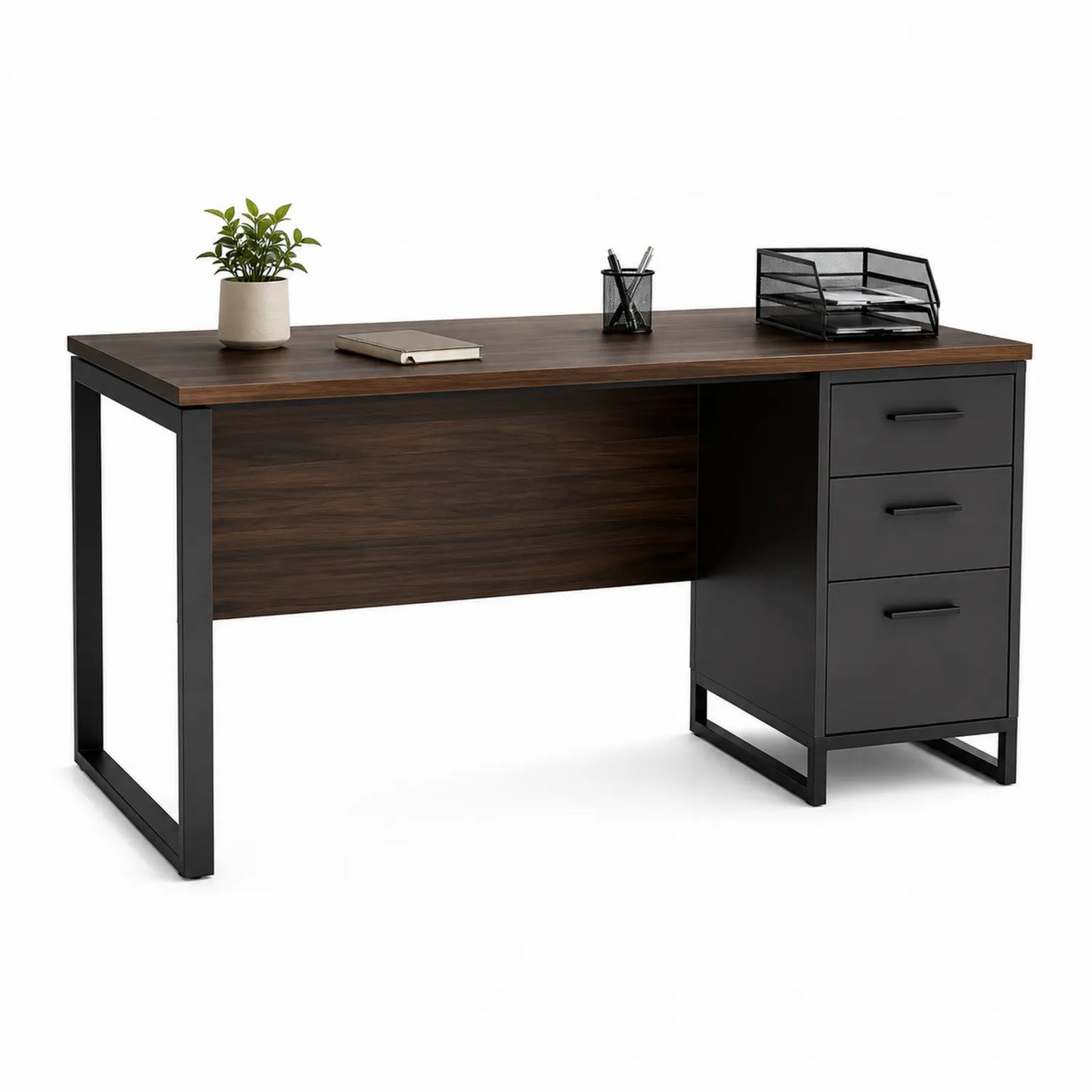 Holz-Metall Schreibtisch mit Schubladen Walnuss Schwarz 150 cm