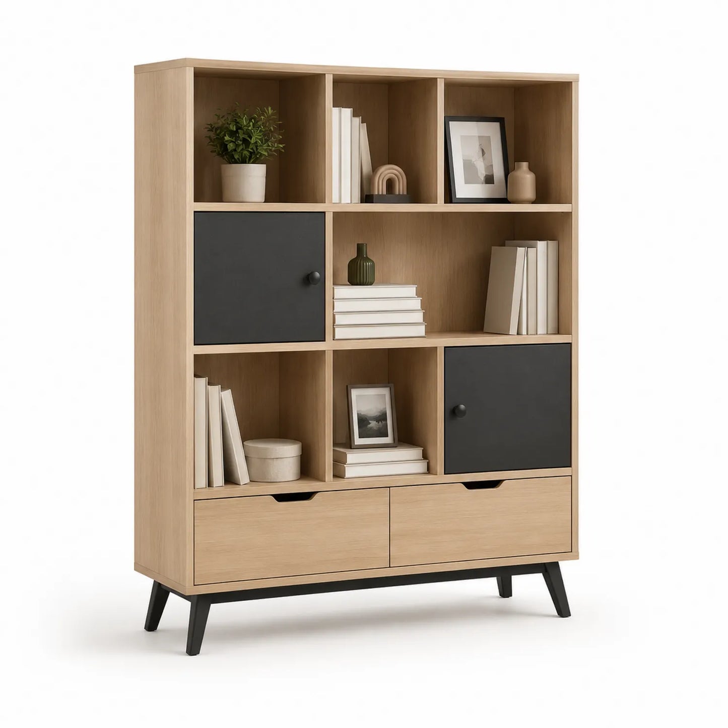 Holz Bücherregal mit Fächern und Schubladen in Eiche/Schwarz