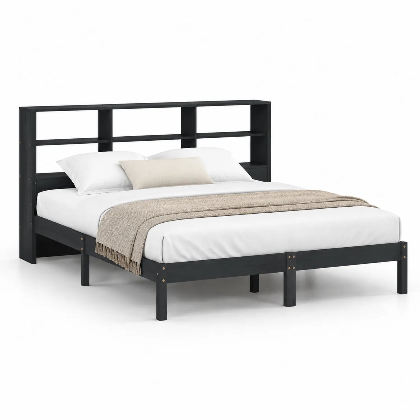 Holz Doppelbett mit Regal Kopfteil Schwarz 200x160 cm