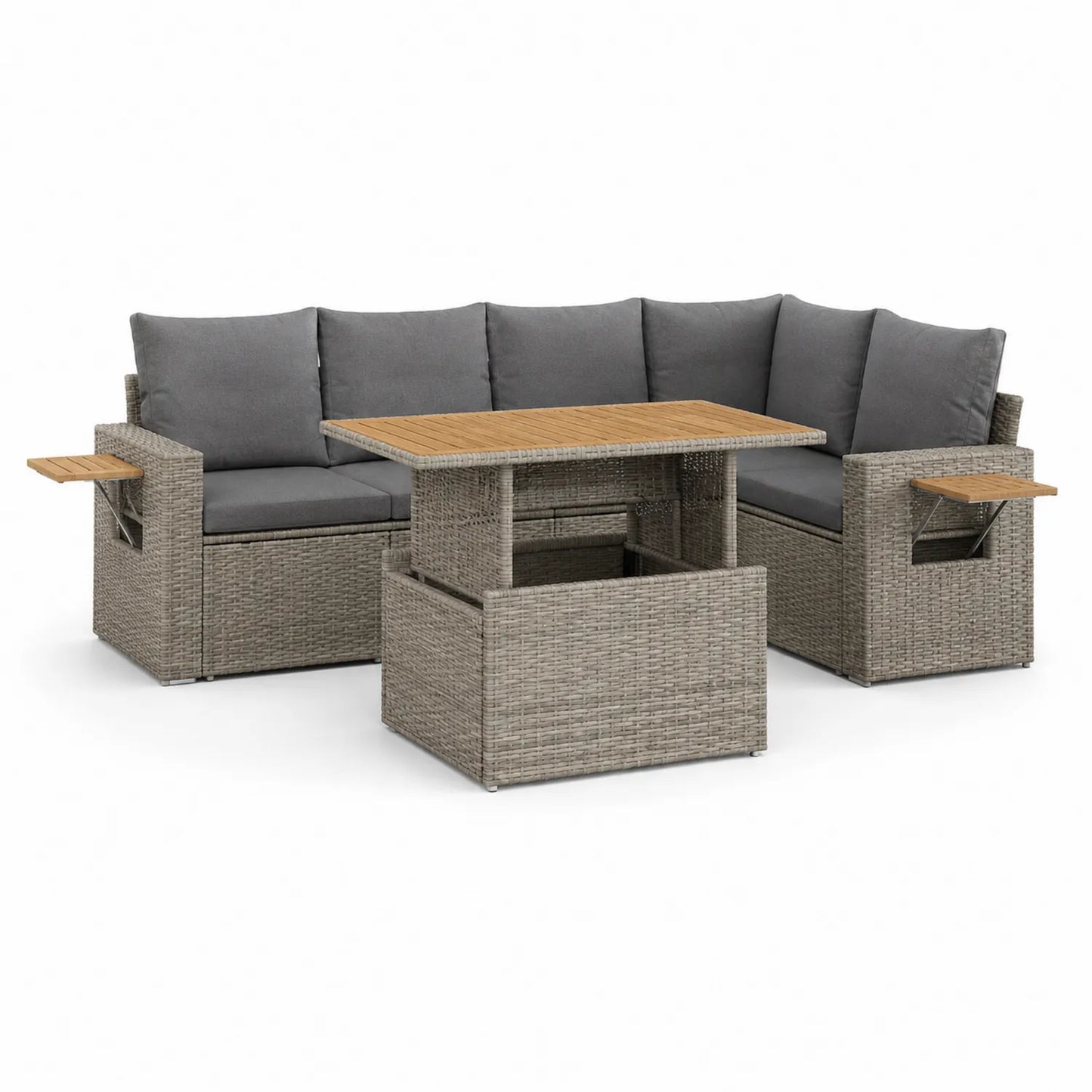 Ecksofa-Set aus Polyethylen Rattan mit Tisch und Klapptisch Grau und Naturholz