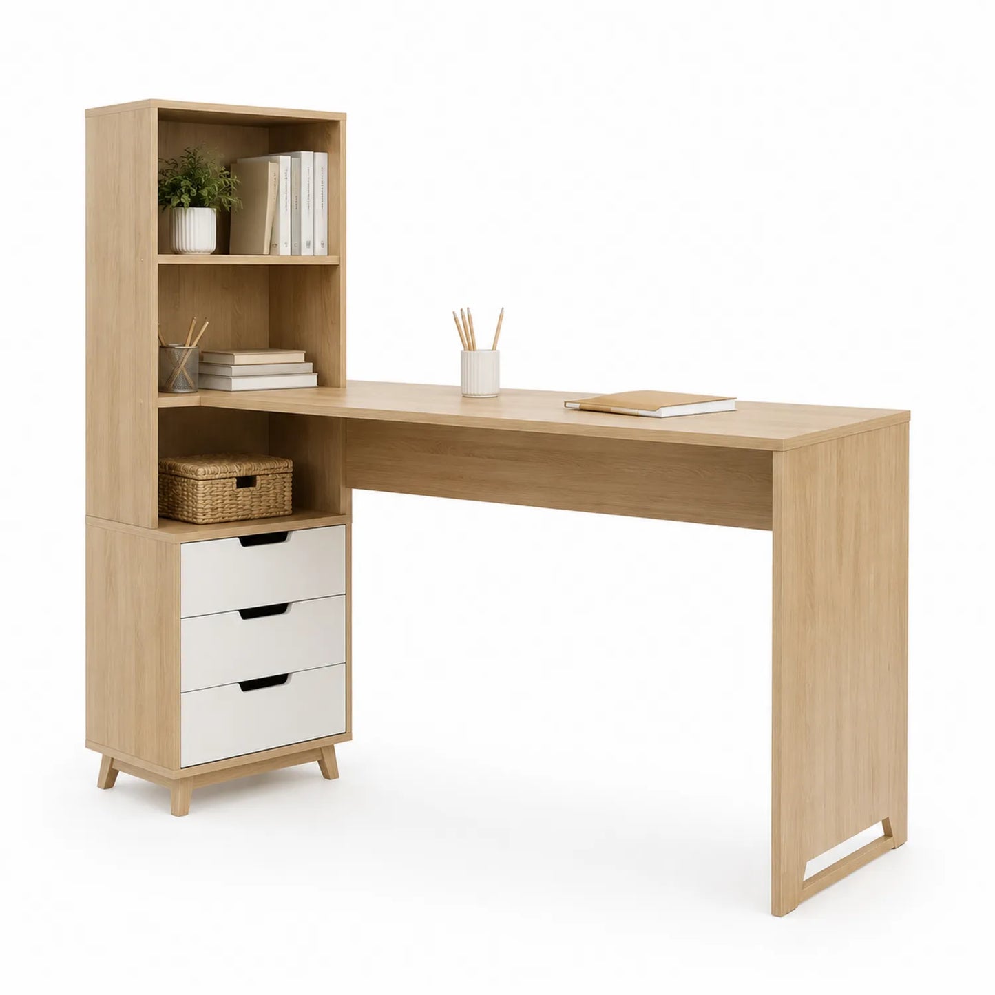L-förmiger Schreibtisch aus Holz und MDF in Eichefarben und Weiß