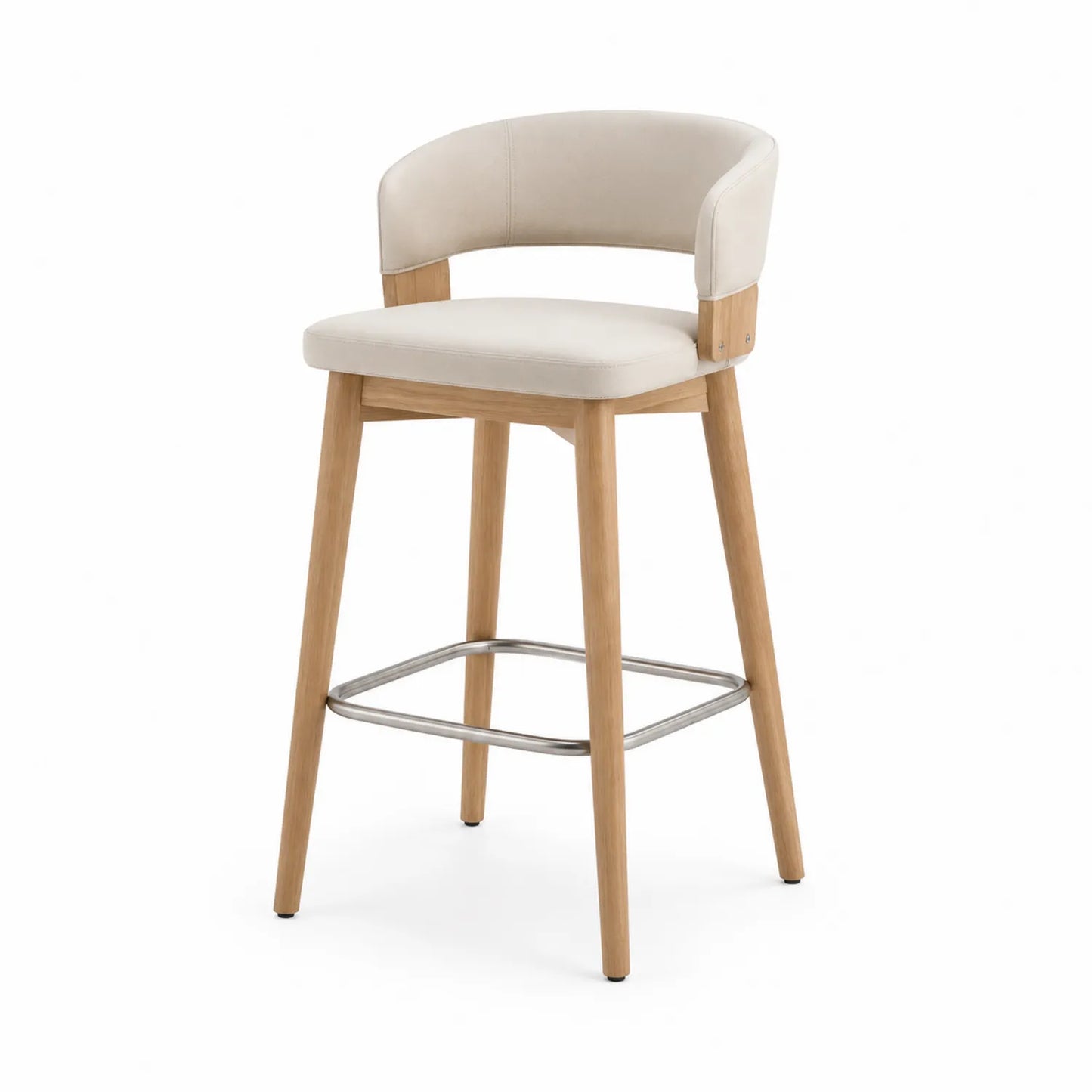 Barhocker aus Eichenholz mit Leder in Beige und Edelstahl Fußstütze