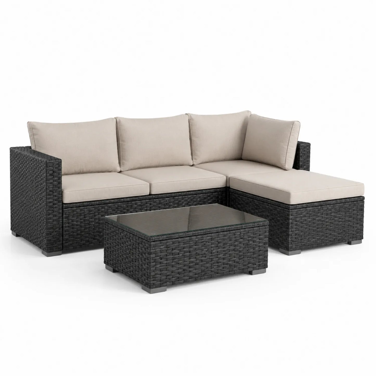 Rattan Gartenmöbel-Set mit Sicherheitsglas Tischplatte und Polyesterkissen, Beige/Schwarz