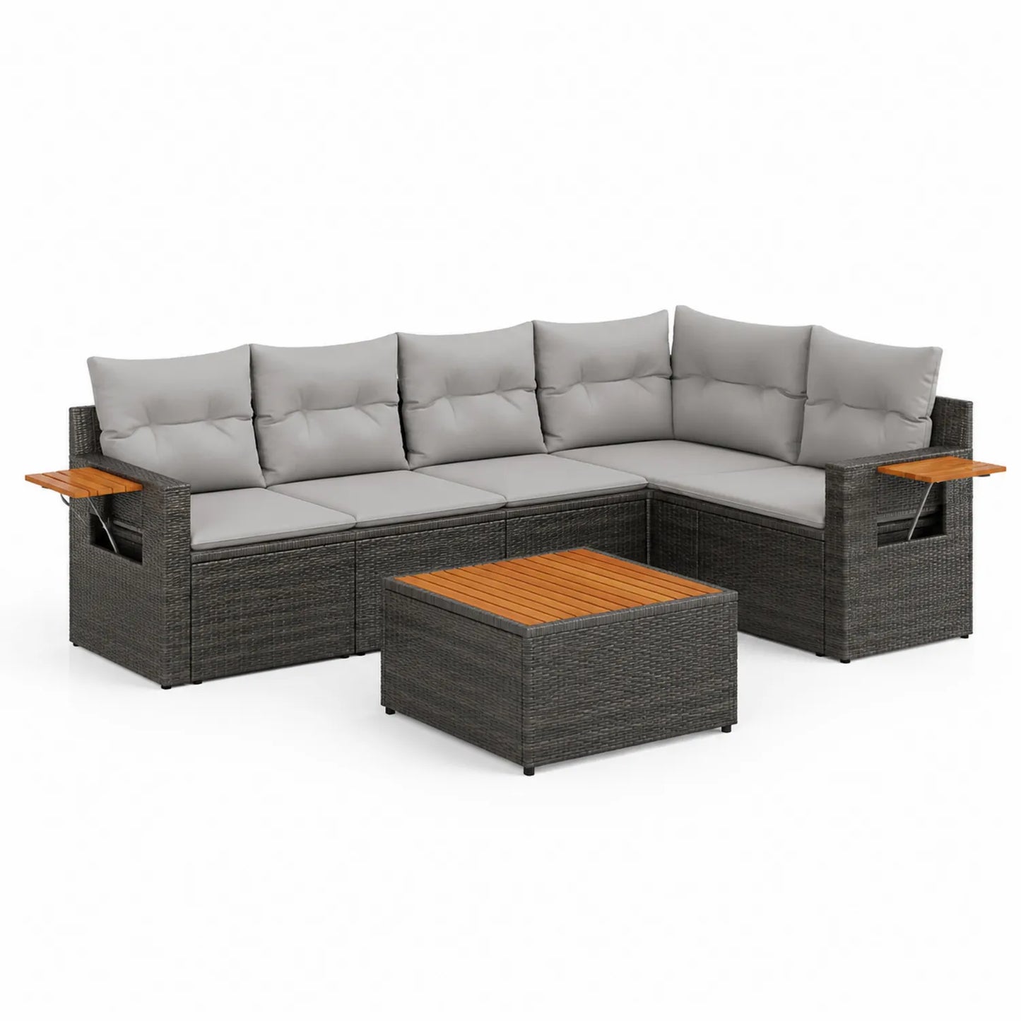 Ecksofa Set Gartenmöbel aus Polyrattan mit Holz-Armlehnen und Hocker Grau