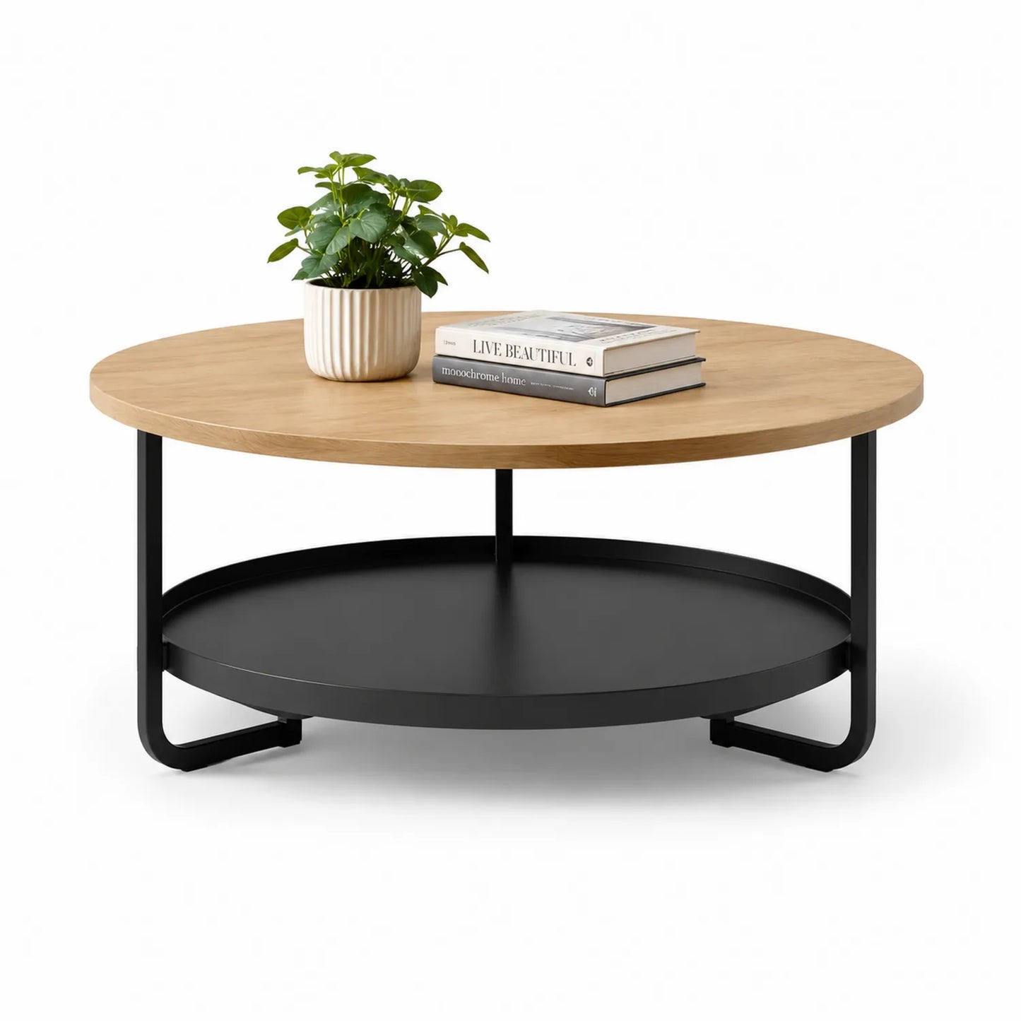 Runder Couchtisch aus Eichenfurnier und Metall 80cm