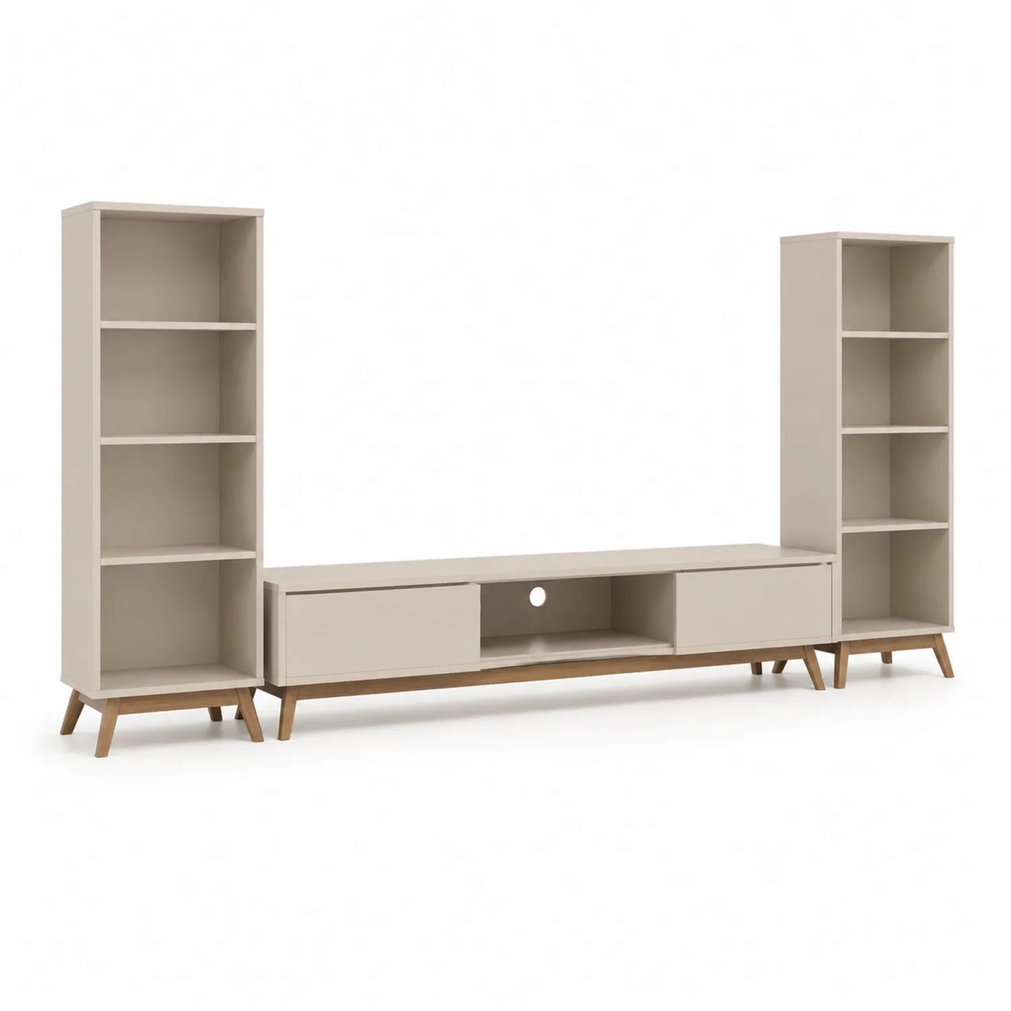 TV-Möbelset mit 2 Regalen in Beige aus Spanplatte und Eichen-Massivholz 180x30x42 cm