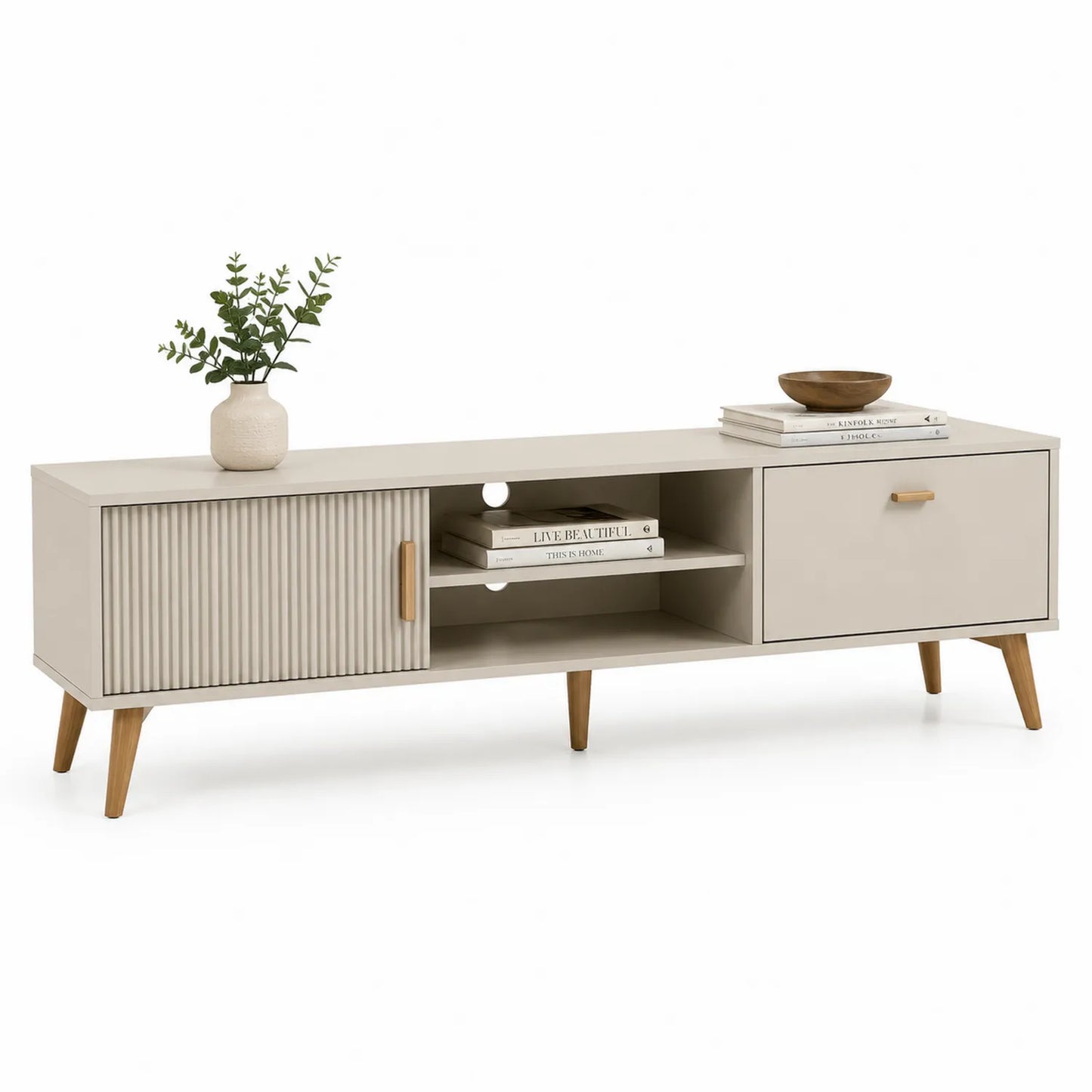 TV-Schrank aus Holzwerkstoff und Eichenholzfurnier Beige 160x40x50cm