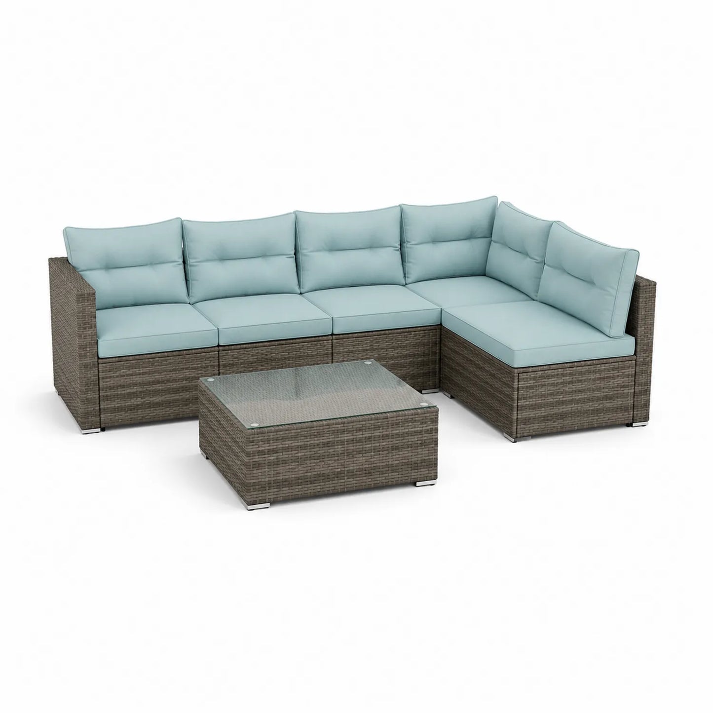 L-förmiges Gartensofaset aus Polyrattan mit gehärteter Glasplatte und Kissen in Hellblau