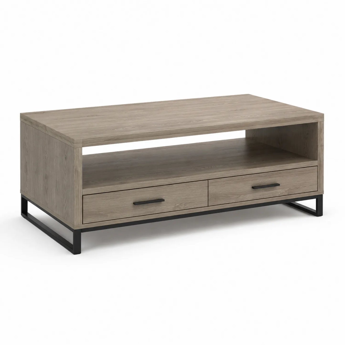 Rechteckiger Couchtisch aus MDF mit Eichenfurnier und Metallgestell