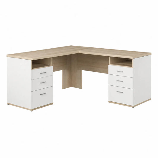 Eckschreibtisch mit Schubladen und offenen Fächern MDF Weiß Eiche-Optik 145x145x75cm