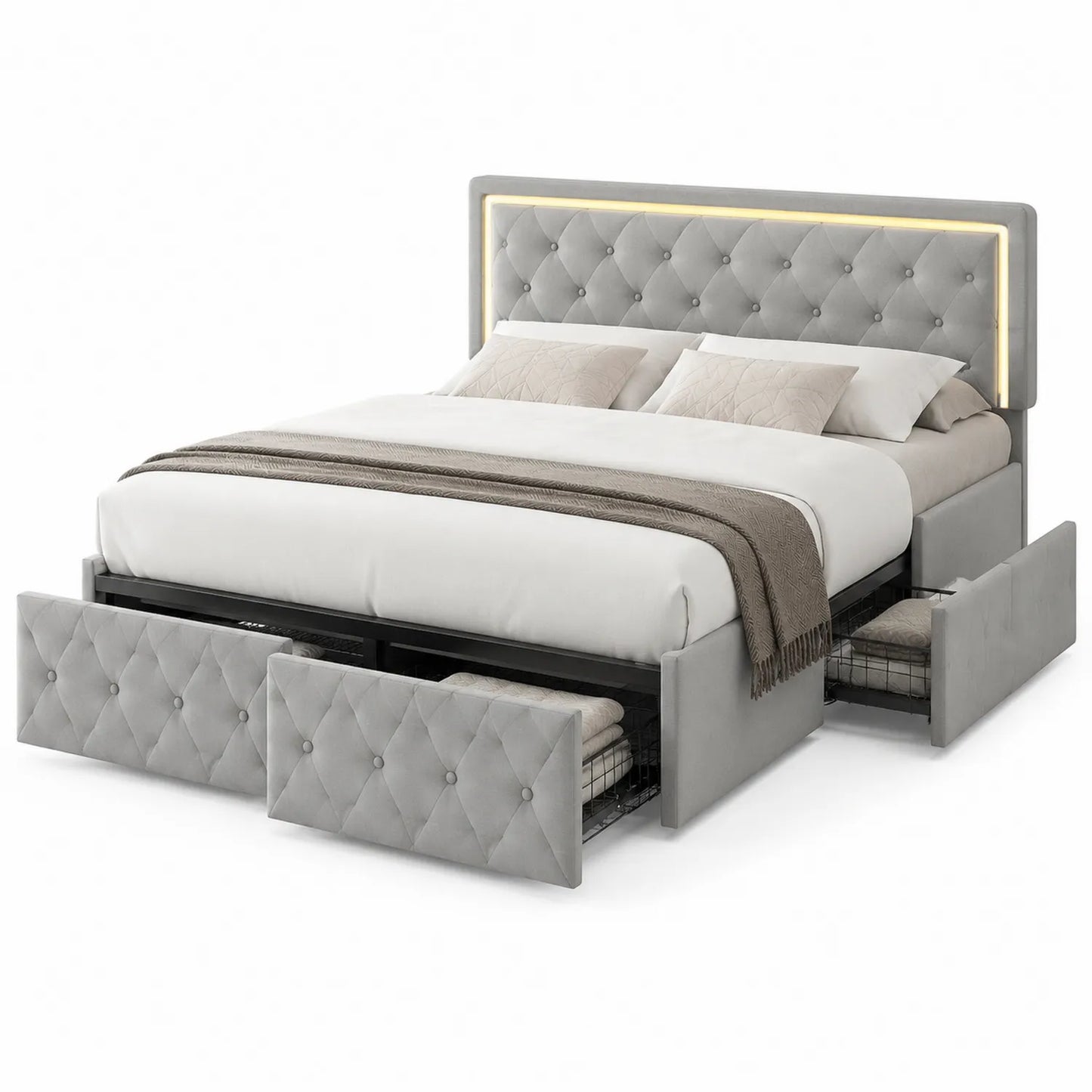 Samtbett mit Schubladen und LED-Beleuchtung 180x200 cm Grau