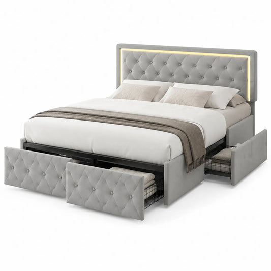 Samtbett mit Schubladen und LED-Beleuchtung 180x200 cm Grau