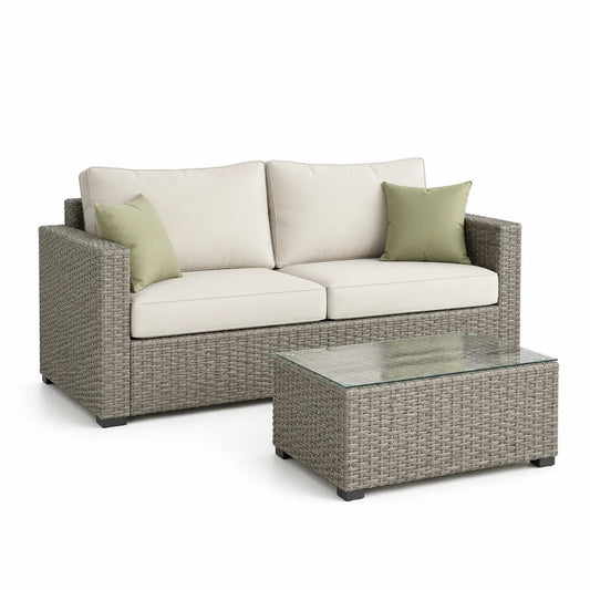 Rattan 2-Sitzer Gartensofa Set mit Couchtisch, Polyesterglas, Grau/Beige/Grün