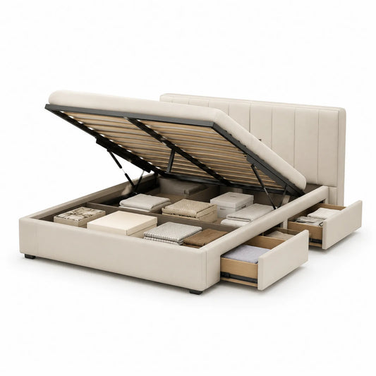 Bett mit Aufbewahrung und Hebemechanismus 200x180 cm Holz Beige