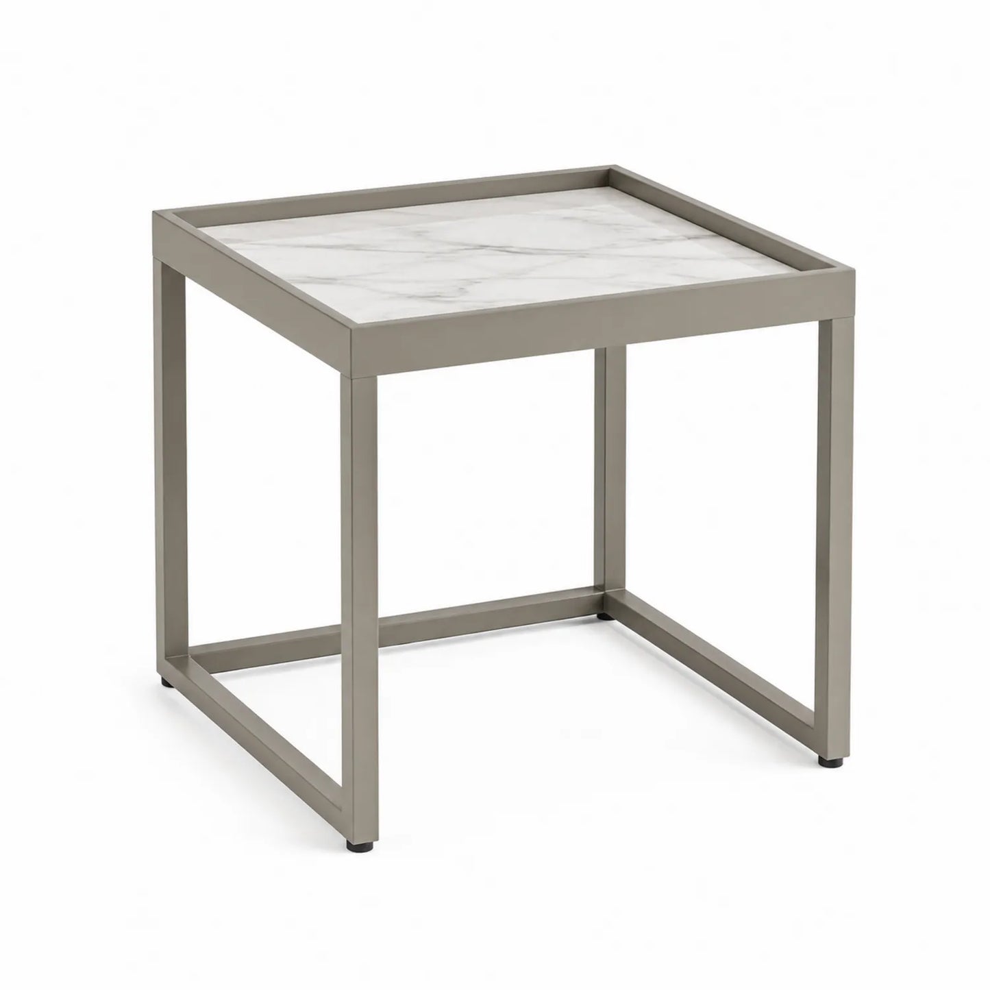Quadratischer Metalltisch mit Marmoroptik-Tischplatte 50x50x45 cm