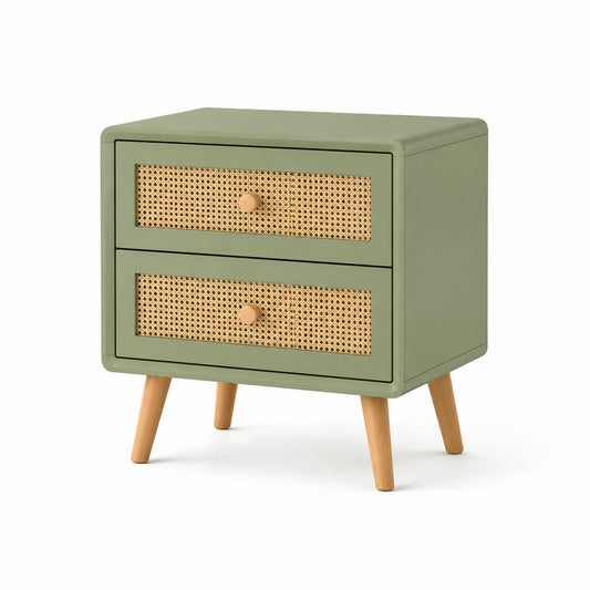 Grüner Nachttisch aus Holz mit Rattan-Schubladen