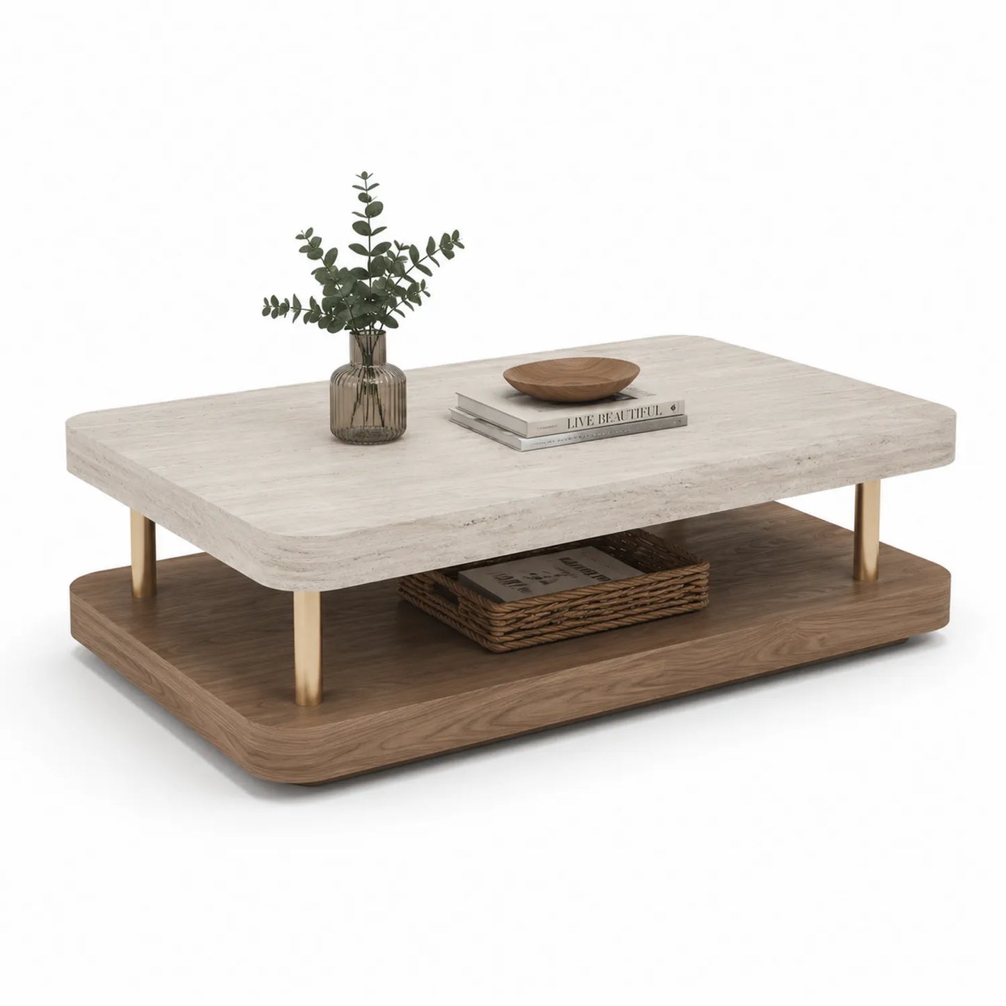 Rechteckiger Couchtisch aus MDF mit Eichenfurnier und Marmorplatte