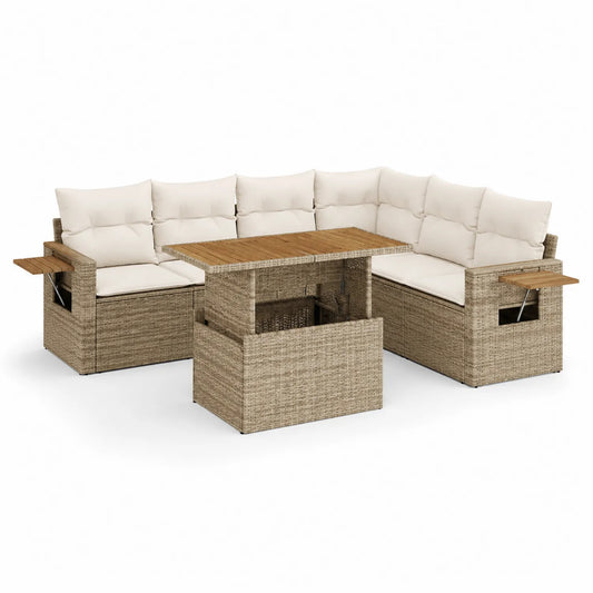 Rattan Ecksofa mit Teakholz Tisch und beigen Kissen