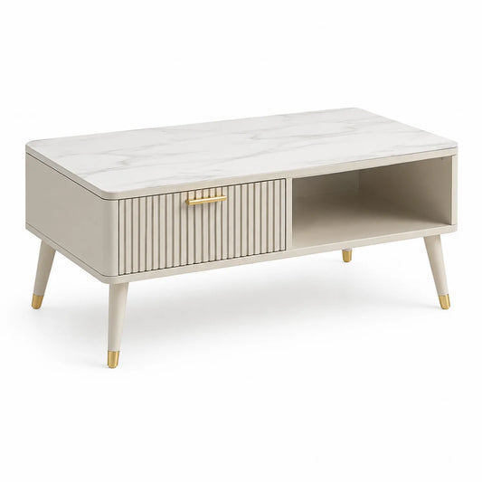 Rechteckiger Couchtisch aus MDF mit Kunstmarmorplatte in Beige und Gold 110x50x40cm