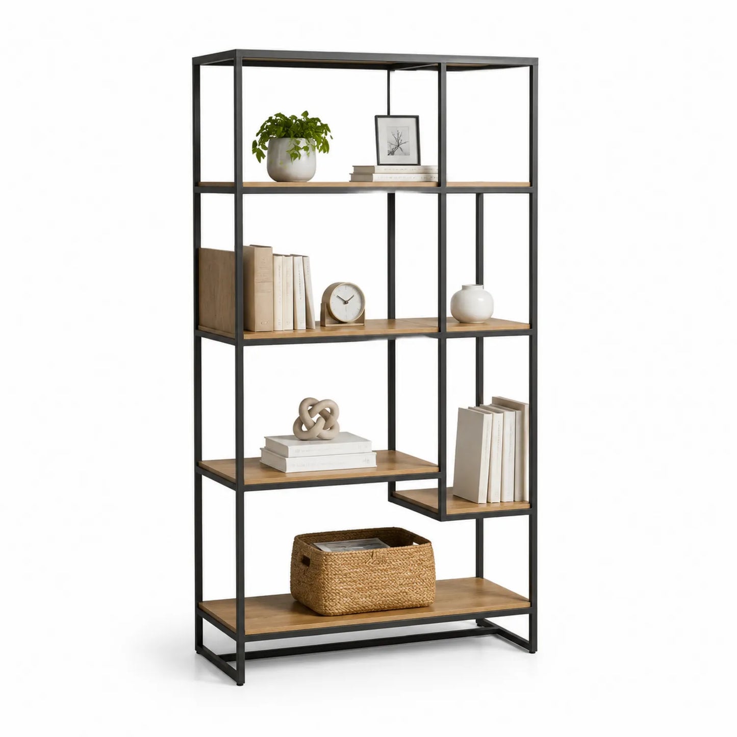Bücherregal aus Holz und Metall mit Eichenholzböden, 180cm x 90cm x 35cm