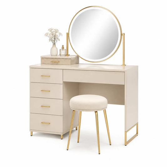 Schminktisch Set mit rundem Spiegel und Hocker, beige, Holz und Metall, 5 Schubladen