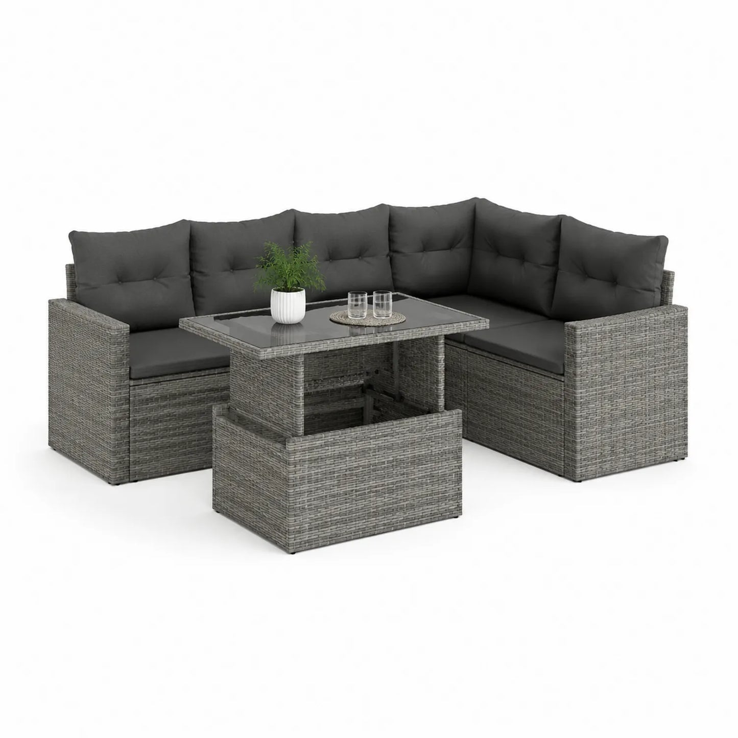 Gartensofa Ecklounge Set Stahl Polyrattan Grau 200 cm x 150 cm mit Tisch Sicherheitsglas