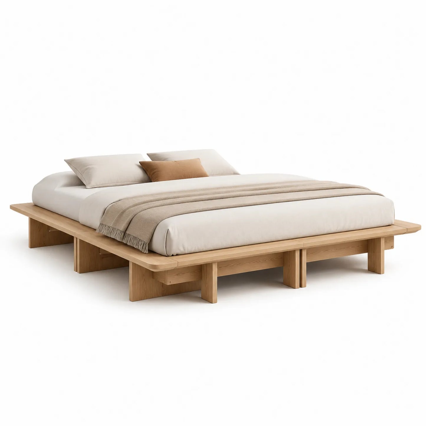 Massivholz-Doppelbett aus Eiche mit Matratze und Kissen 200x200 cm