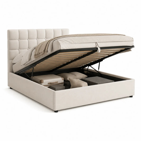 Bett mit Stauraum und Hebemechanismus aus Polyester und Holz Beige 160x200cm
