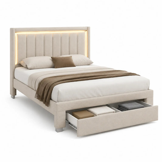 Stoffbett mit LED-Beleuchtung und Schubladen 200x160 cm Beige