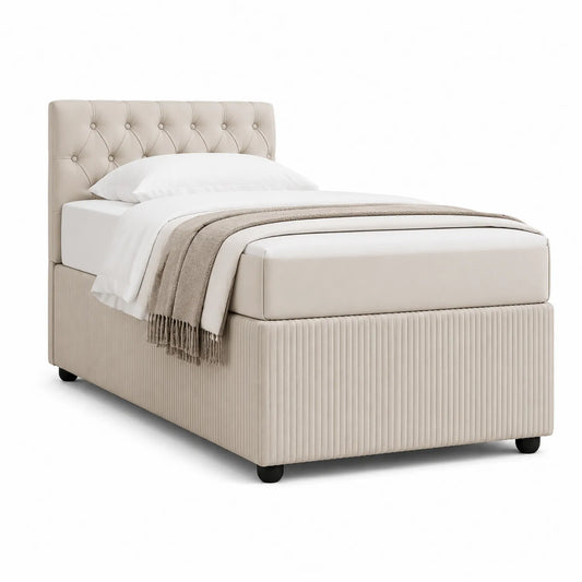 Polsterbett 90x200 cm Beige Samt mit Kopfteil Knopfsteppung
