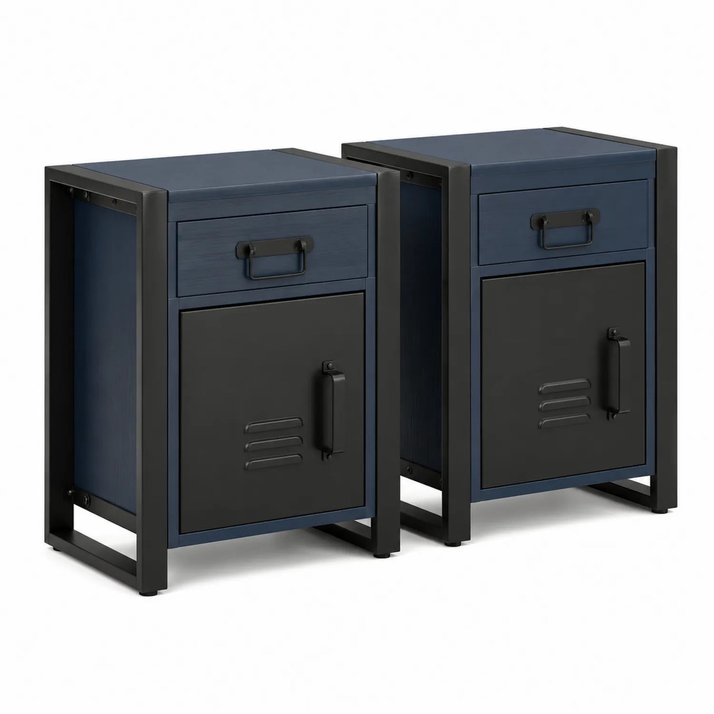 2er-Set Nachttisch Stahl und MDF Blau Schwarz mit Schublade und Tür 45x35x60cm