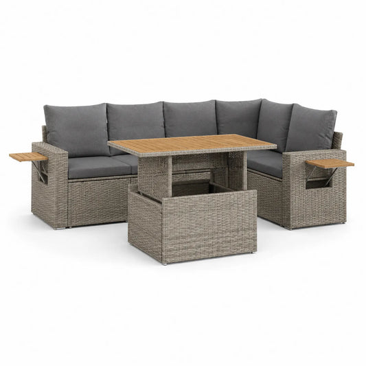 Ecksofa-Set aus Polyethylen Rattan mit Tisch und Klapptisch Grau und Naturholz