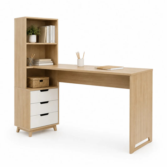 L-förmiger Schreibtisch aus Holz und MDF in Eichefarben und Weiß