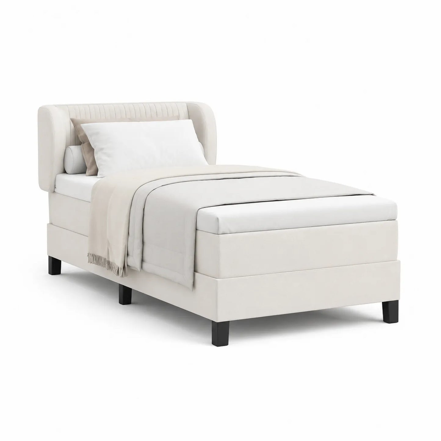 Einzelbett 90x200 cm Creme Holzrahmen mit Stoffbezug