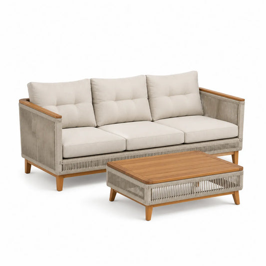 Outdoor-Set mit Dreisitzer-Sofa und Couchtisch aus Teakholz und Tau, Beige