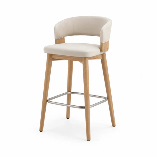 Barhocker aus Eichenholz mit Leder in Beige und Edelstahl Fußstütze