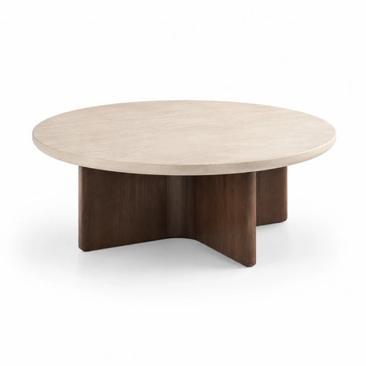 Runder Couchtisch mit Kalksteinmarmorplatte und Massivholzsockel 100 cm Beige/Braun