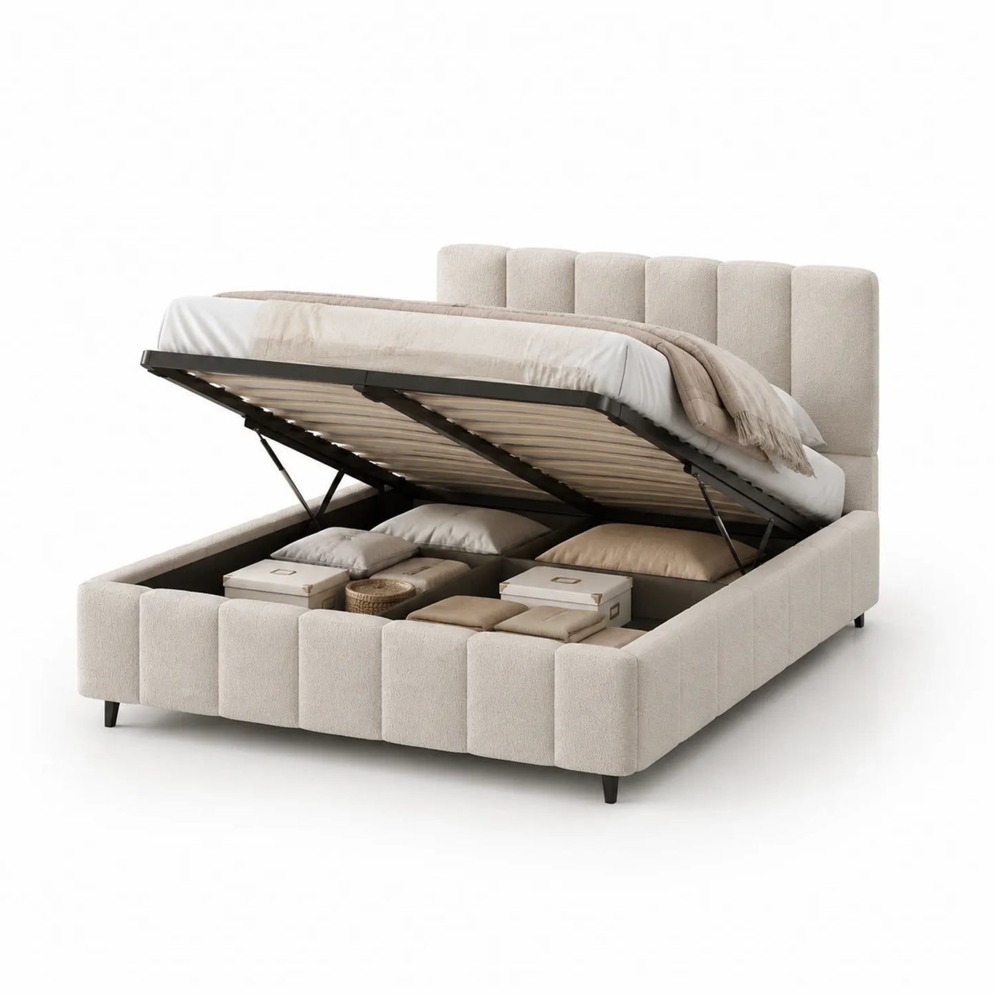 Stoffbett Beige mit Stauraum und Kopfteil 200x160 cm