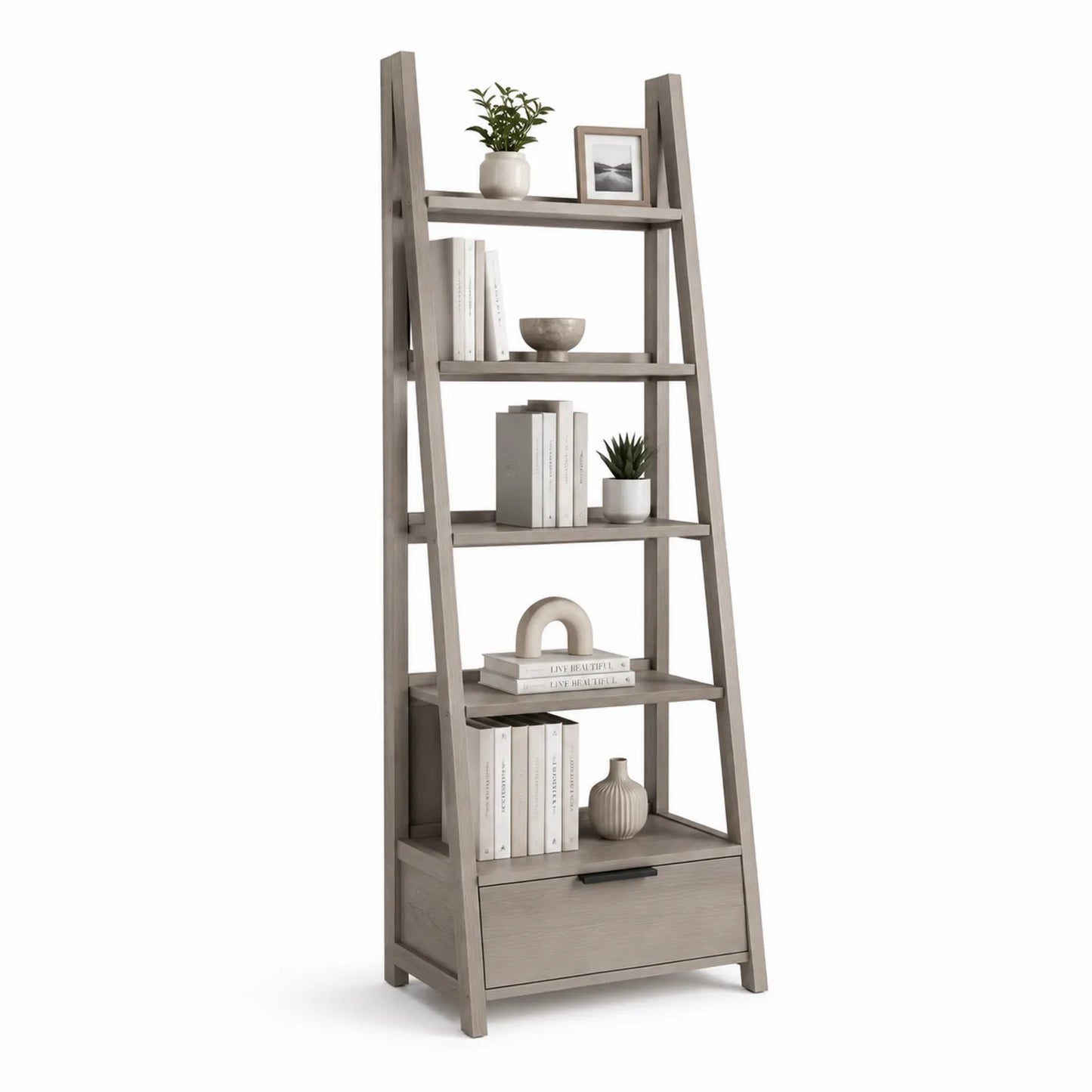Holz Leiterregal mit Schublade Grau 180cm