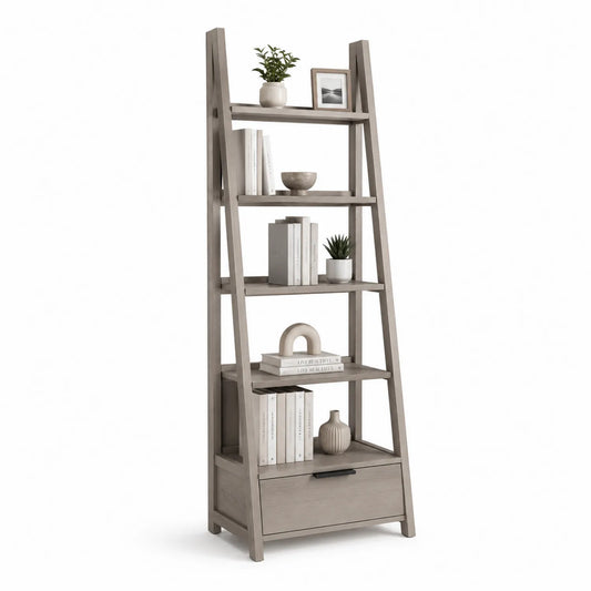 Holz Leiterregal mit Schublade Grau 180cm