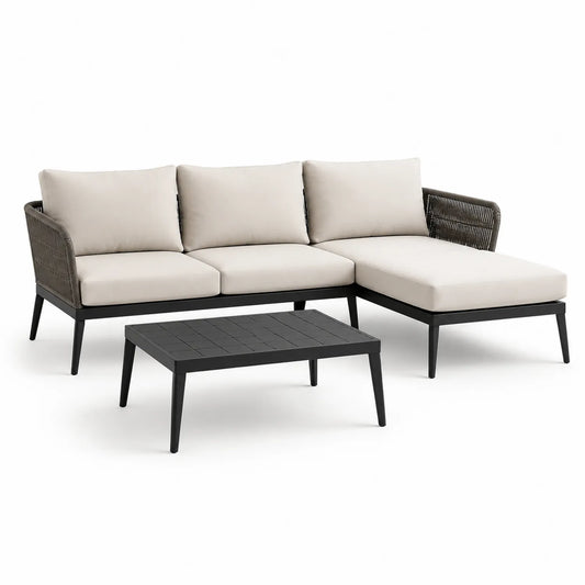 Gartensofa Set Aluminium Polyethylengeflecht Creme Schwarz