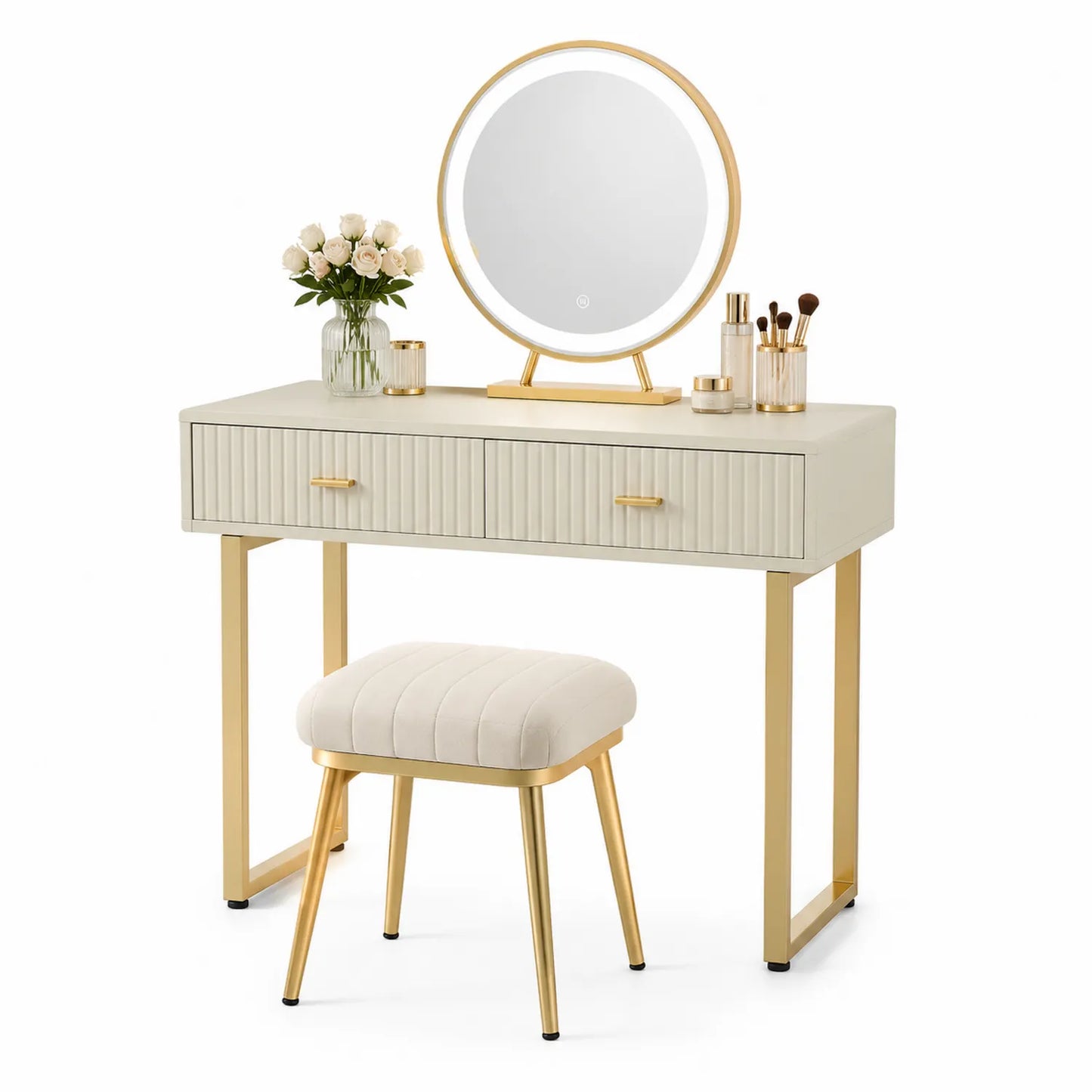 Schminktisch-Set mit Spiegel und Hocker aus Holz und Metall in Beige und Gold