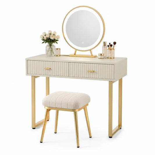 Schminktisch-Set mit Spiegel und Hocker aus Holz und Metall in Beige und Gold
