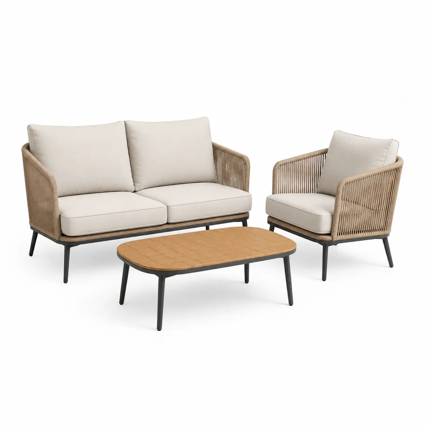3-teiliges Gartenmöbel-Set aus Metall, Polypropylen-Seil und Teak in Beige