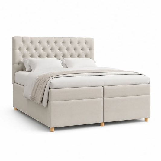 Stoffbett mit knopfgesteppter Kopfstütze 180x200 cm Holzfüße Beige