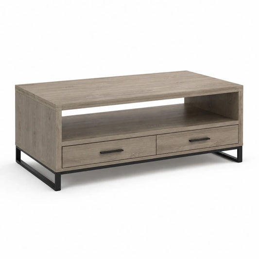 Rechteckiger Couchtisch aus MDF mit Eichenfurnier und Metallgestell